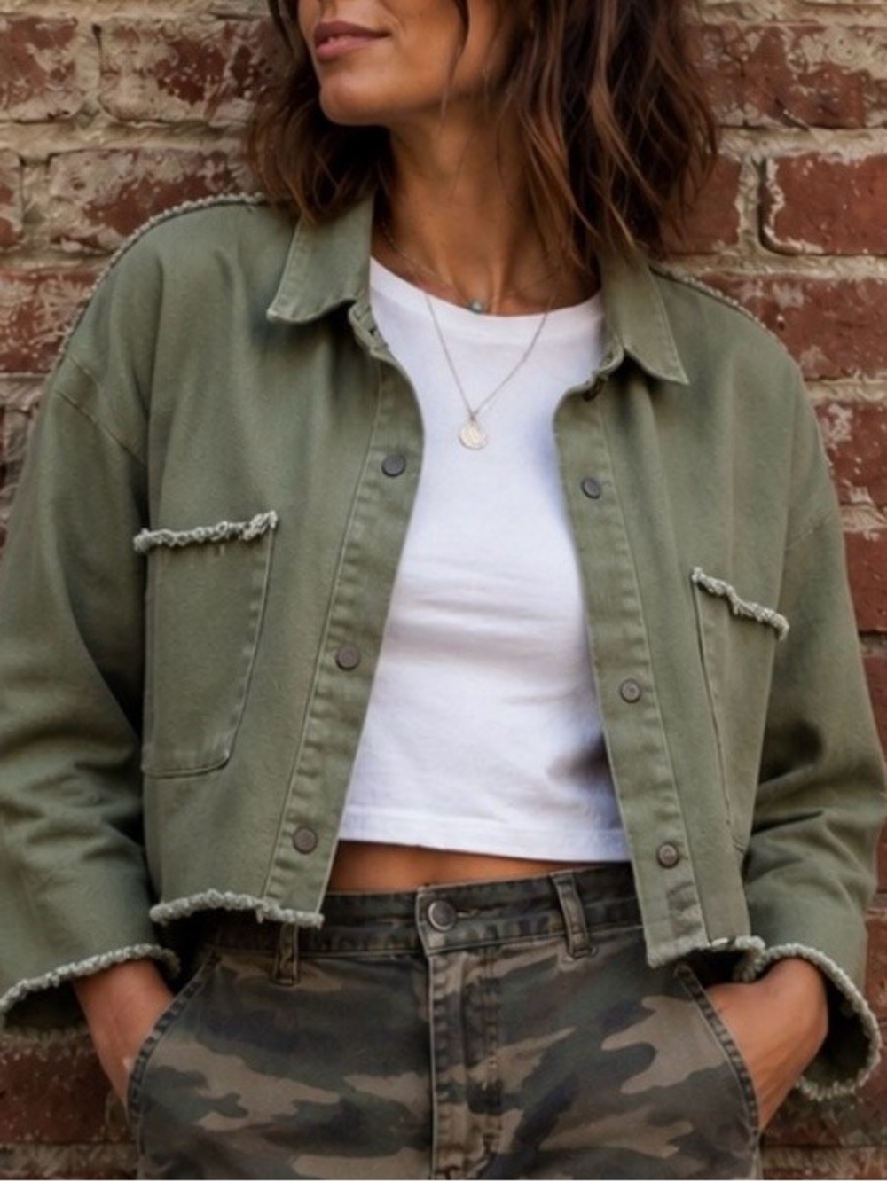 Ellison Olive Denim Utility Jacket w Frayed Trim, Snap Closure & Drop Shoulder M